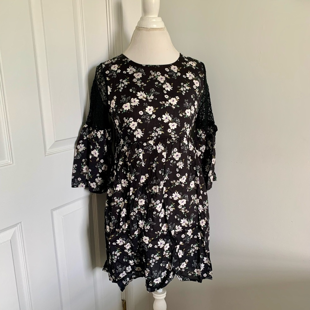 Black Mini Dress with White Ditsy Floral Print and Lace Sleeve Detail